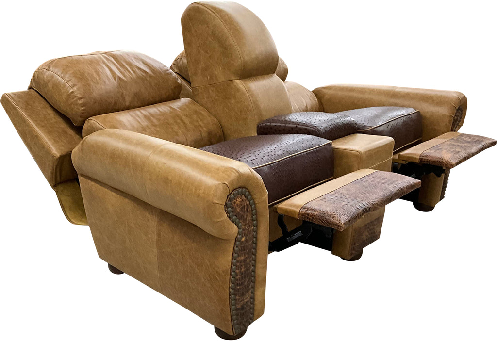A stylish angled view showcasing the wingback recliner frame, Gator Rustic Cognac leather accents, and exquisite craftsmanship of the Beige Botswana Ostrich Theater Love Seat.
