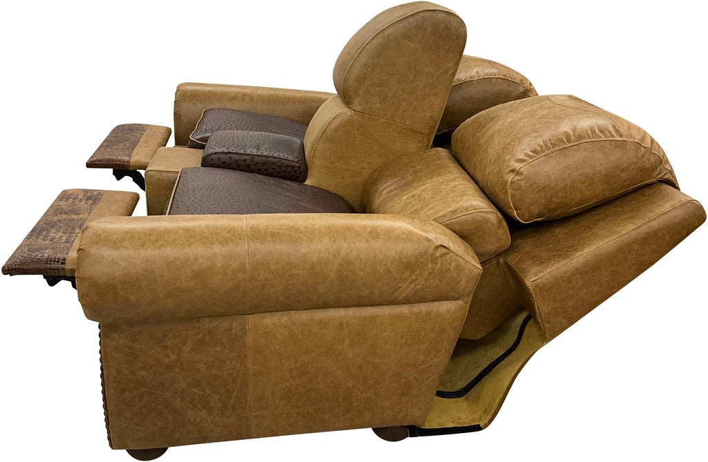 The Beige Botswana Ostrich Theater Love Seat fully reclined, displaying its plush cushioning and ergonomic comfort for ultimate relaxation.