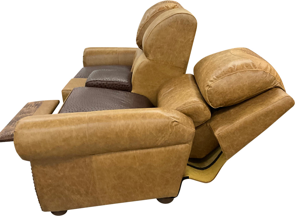 A side profile of the Beige Botswana Ostrich Theater Love Seat, emphasizing the elegant curves, ostrich hide details, and sturdy recliner mechanism.