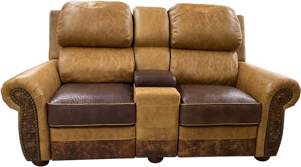 A luxurious front view of the Beige Botswana Ostrich Theater Love Seat, featuring warm Caprieze Healthy Glow leather, ostrich hide accents, and a central storage console.