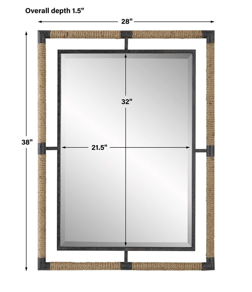 Forged iron framed mirror with natural rope for a coastal aesthetic