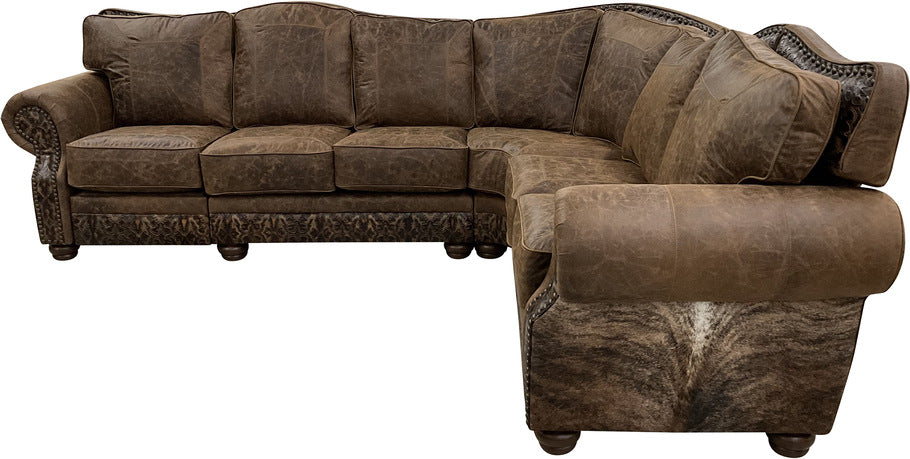 A detailed view of the left-arm loveseat section of the Big Bear Reclining Sectional Sofa, showcasing the plush Del Rio Brown leather and pushback recliner.