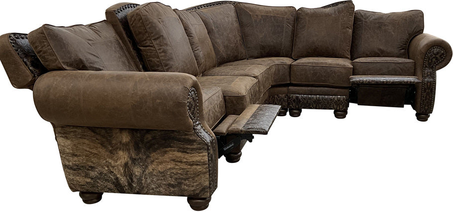 Big Bear Reclining Sectional Sofa with the pushback recliner extended, showcasing the high-quality leather upholstery and cowhide detailing.