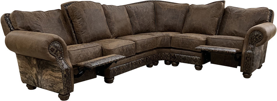 Full view of the Big Bear Reclining Sectional Sofa, featuring Cora Pecan leather, Del Rio Brown accents, and exotic brindle cowhide for a luxurious Western-inspired design.