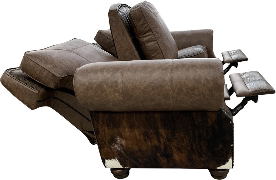 The Big Bend Double Reclining Sofa fully extended, showing its smooth reclining mechanism and luxurious Palio Rum leather upholstery for ultimate comfort.
