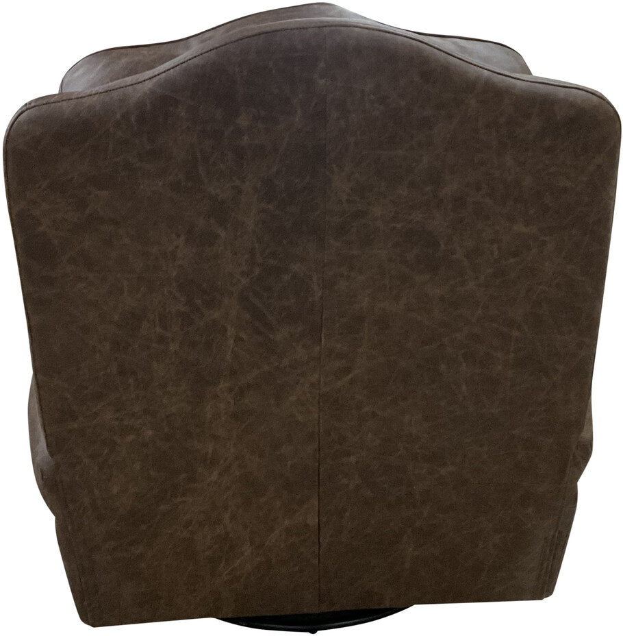 The back of the Big Bend Swivel Glider Recliner, featuring a sleek leather finish and detailed craftsmanship that adds a touch of rustic sophistication.