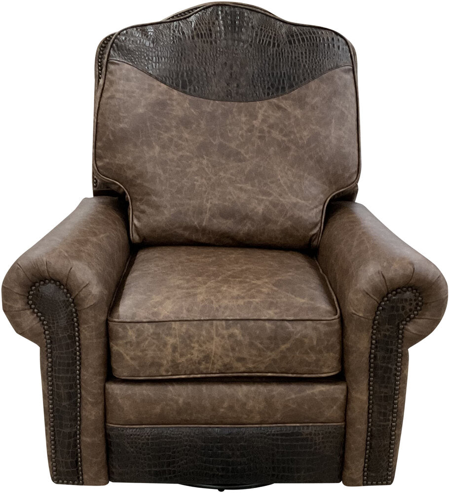 A luxurious Big Bend Swivel Glider Recliner upholstered in rich Palio Rum leather with Gator Hornback Rustic Walnut accents, showcasing its elegant western design.