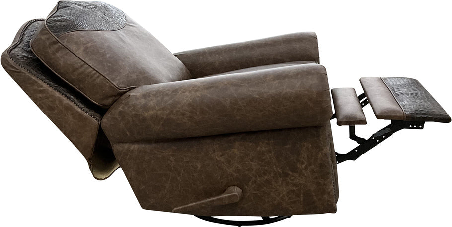 A side view of the Big Bend Swivel Glider Recliner, highlighting its smooth glider and swivel mechanism, plush cushioning, and high-quality leather upholstery.