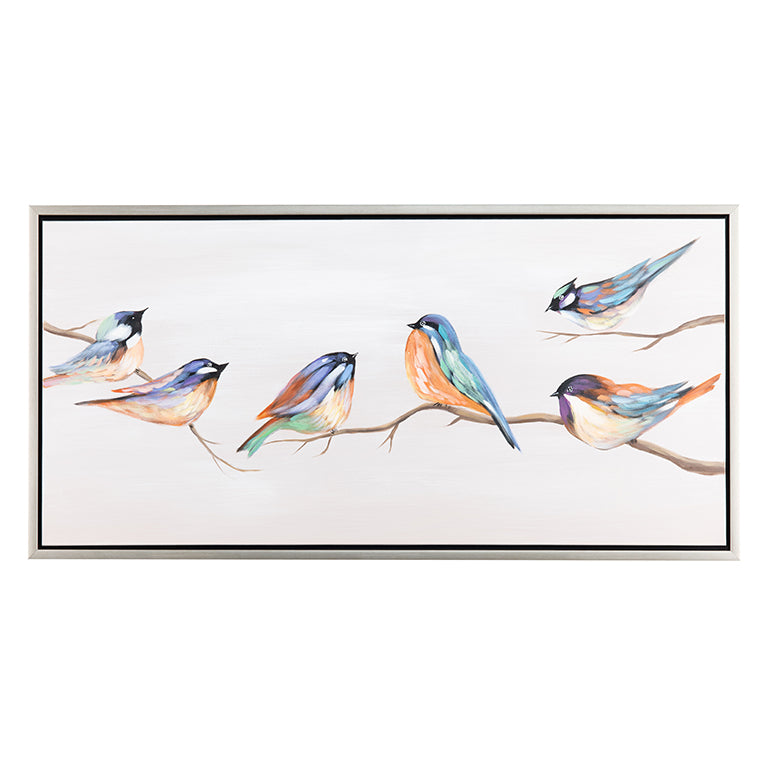 Framed artwork of colorful birds on a branch
