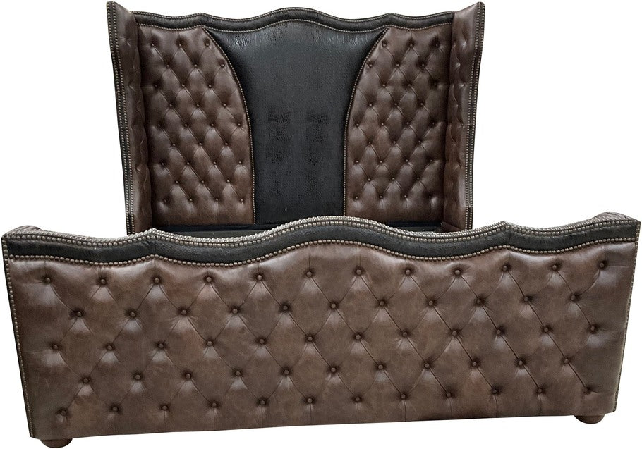 The Black Canyon Bed in Jupiter Truffle leather with Walkabout Croc Vintage Black accents on the headboard and footboard, showcasing its luxurious tufted design.
