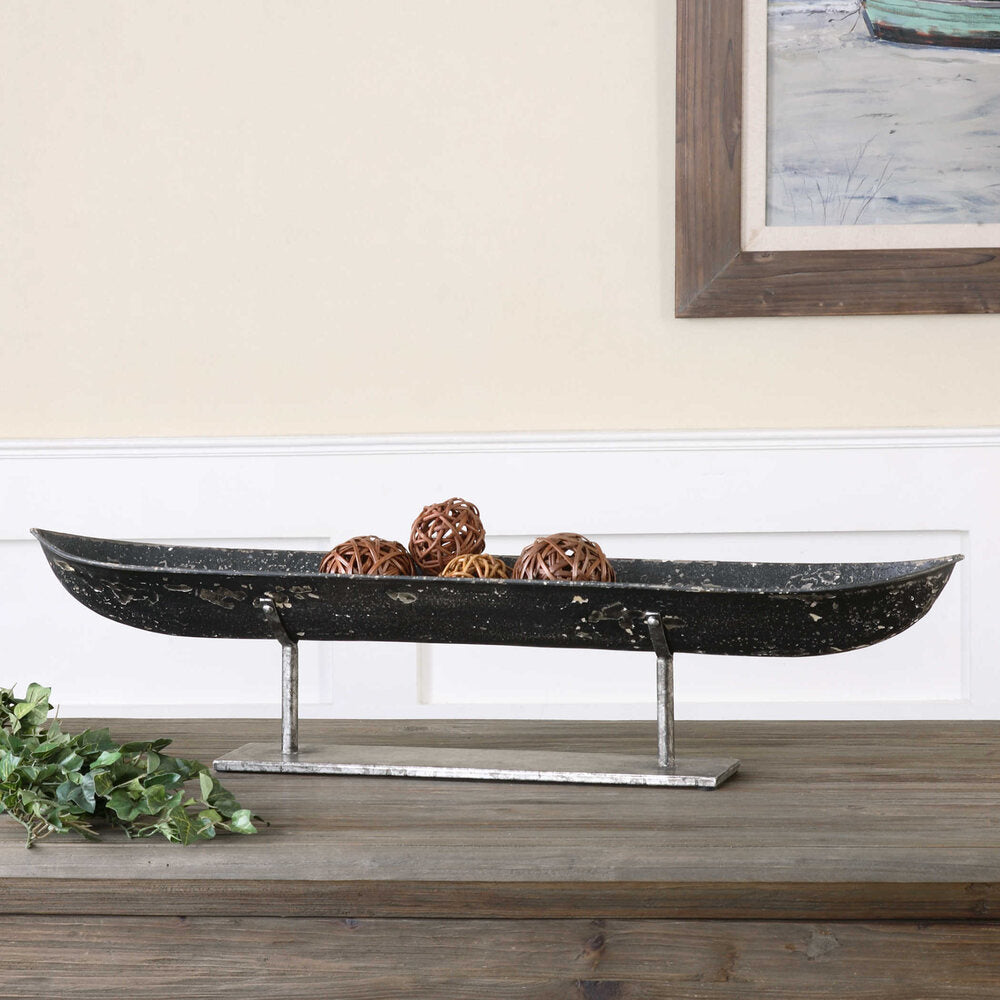 Black Kayak Bowl with antiqued black metal and silver undertones, elevated on a sleek silver stand.