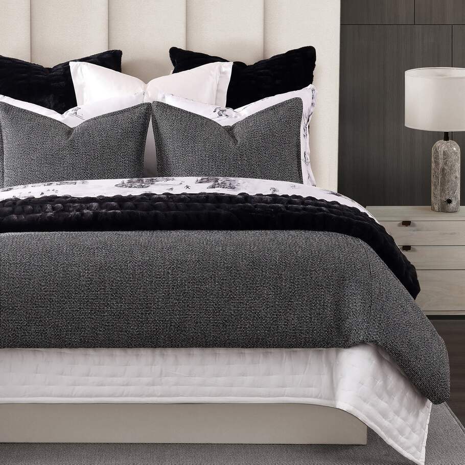 Black Tweed Bedding Set featured in a modern bedroom setup, demonstrating its adaptability to various interior styles.