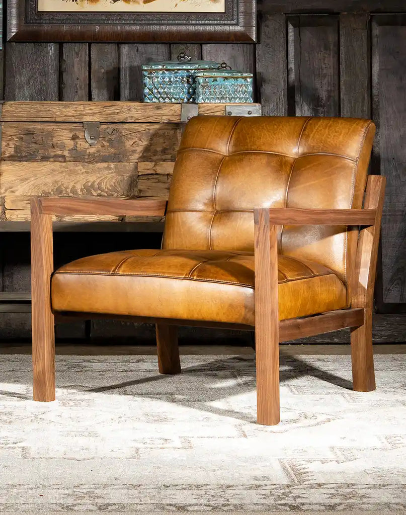 Black Walnut Wood Chair showcasing its elegant square channel design and hand-brushed full grain leather.