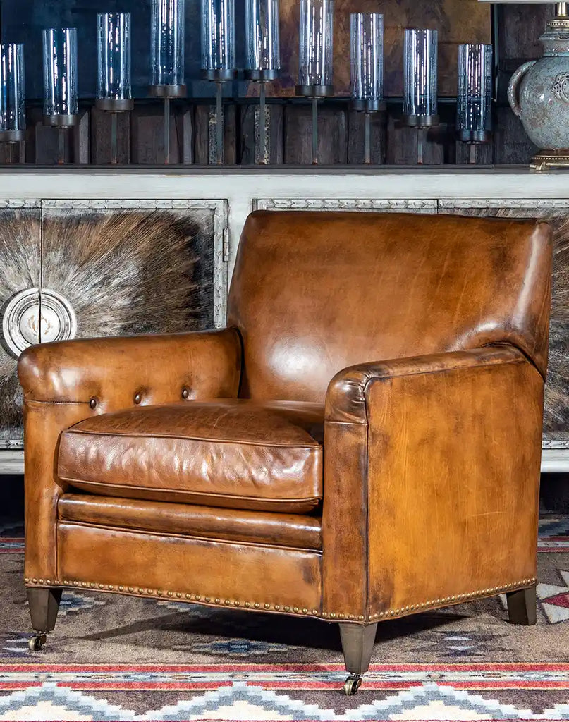 Front-facing view of the Boise Leather Chair showcasing its full-grain leather upholstery and classic design.