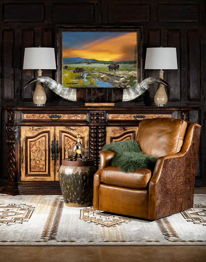 The Boston Leather Swivel Chair placed in a living room environment, complementing western-style decor with its classic design.