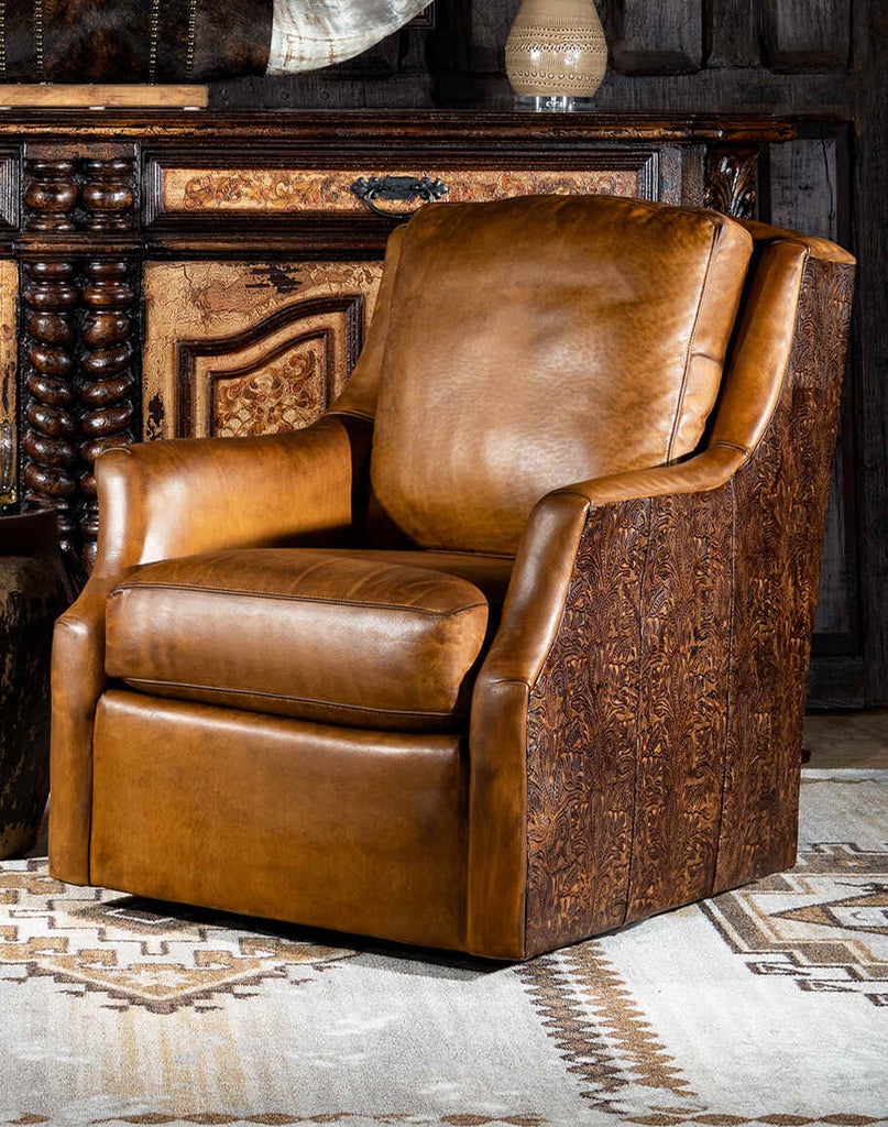 Boston Leather Swivel Chair showcasing its tapered armrests and plush backrest, highlighting its refined rustic western design.