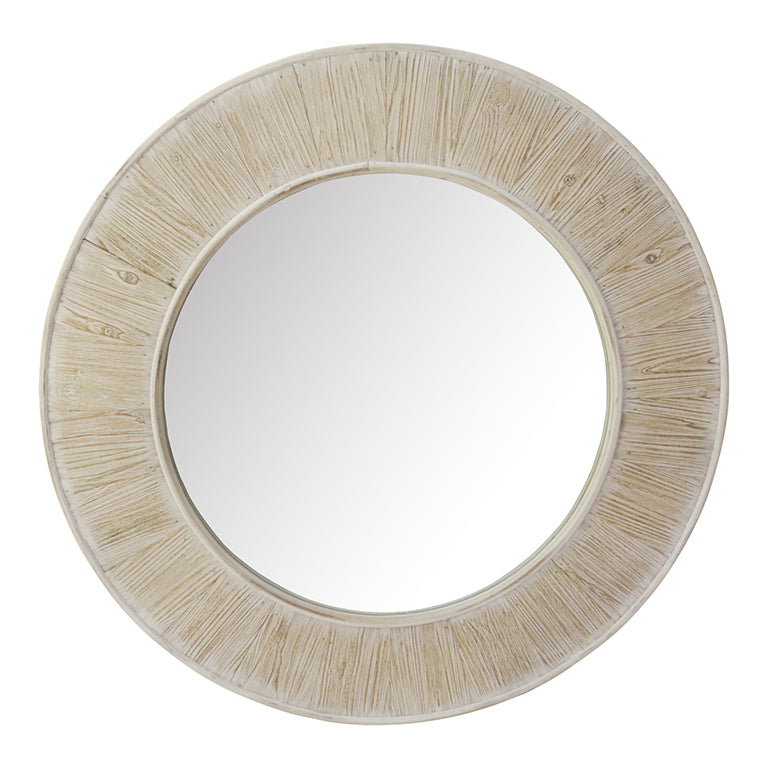 Round mirror with a textured beige frame on a white background