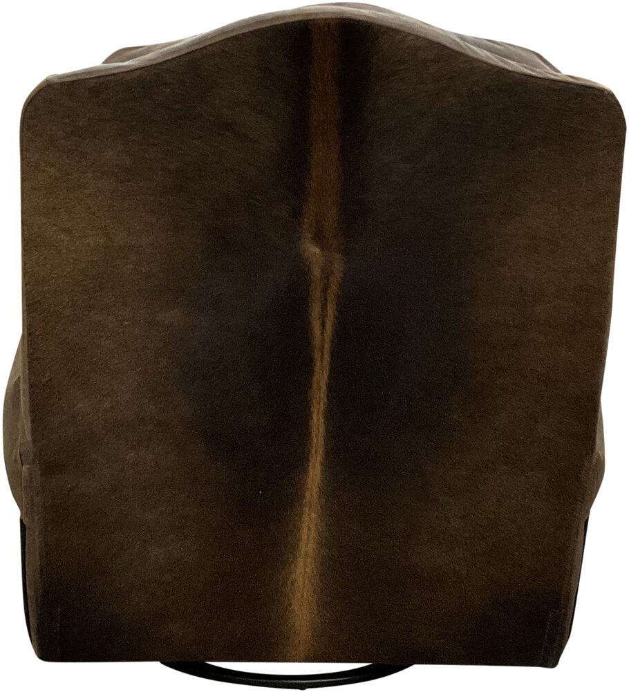 Back view of the Brown Apachean King Swivel Glider Recliner, featuring a dramatic dark exotic cowhide with a white backbone design for a bold Western statement.