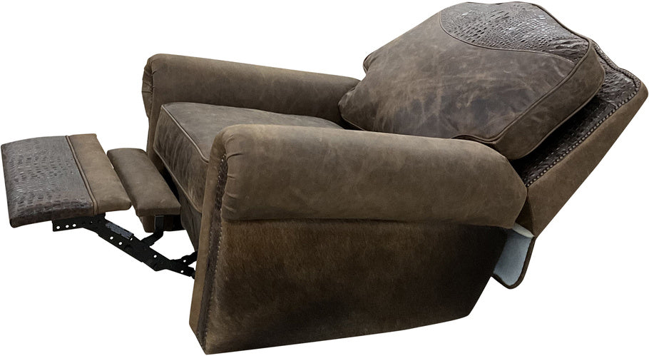 Side view of the Brown Apachean King Swivel Glider Recliner in a fully reclined position, featuring rich Cora Sierra leather, embossed Gator Hornback Rustic Cognac accents, and a plush cushioned back for ultimate comfort.