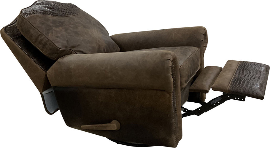 Side profile of the Brown Apachean King Swivel Glider Recliner, highlighting its smooth gliding and swivel functionality along with exotic cowhide detailing on the arms.