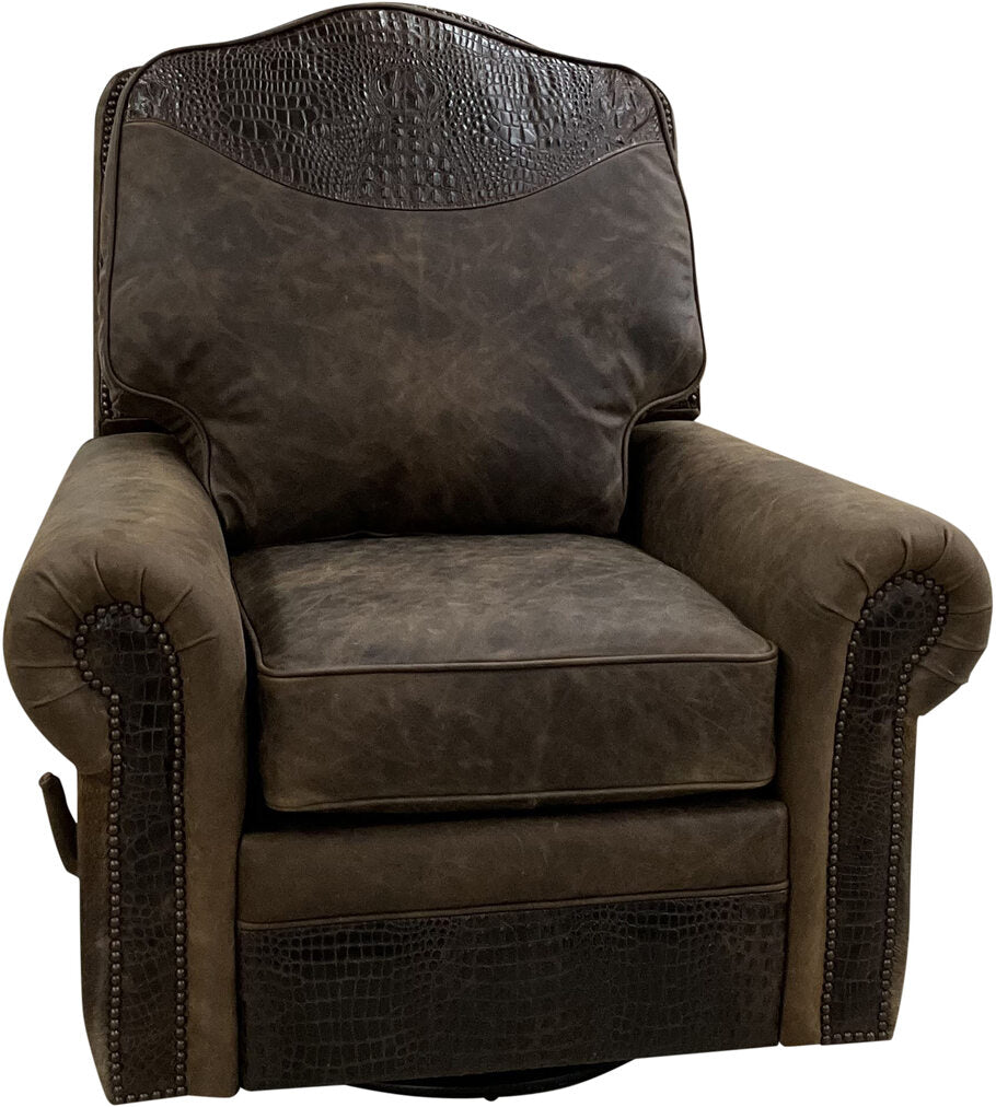 Front view of the Brown Apachean King Swivel Glider Recliner, showcasing its luxurious Cora Sierra leather, Gator Hornback Rustic Cognac accents, and plush cushioned seating.