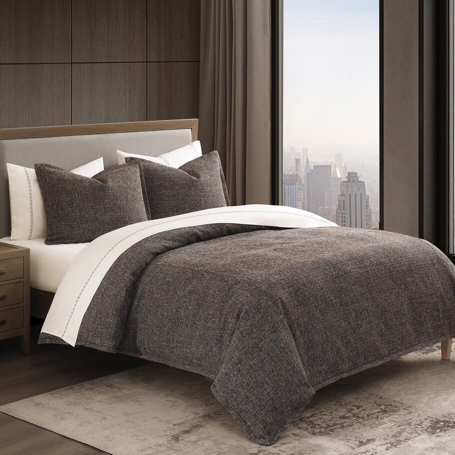 Queen-sized Brown Tweed Bedding Set featuring a textured tweed design in neutral brown tones, inspired by classic menswear.