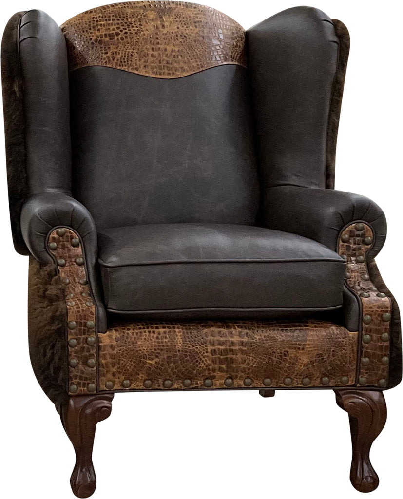 The Buffalo NY Wingback Chair in a front-facing view, showcasing Palio Texas leather upholstery, Gator Hornback Rustic Cognac accents, and authentic buffalo hide wrapping the arms and wings.