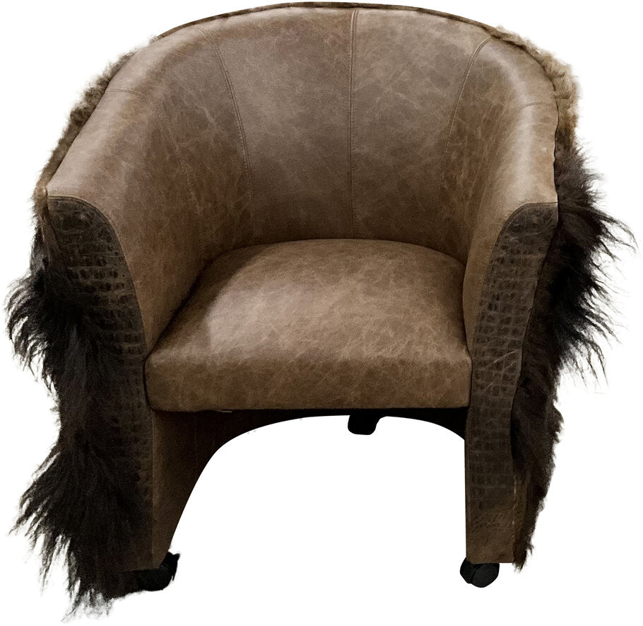 Front view of the Buffalo Poker Chair, featuring rich Palio Rum leather upholstery, Gator Hornback Rustic Walnut accents, and a sturdy wooden base for a luxurious Western-inspired design.