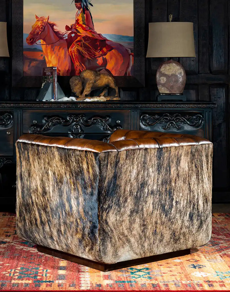 Back view of the Bullet Club Chair displaying the premium brindle cowhide and elegant craftsmanship.