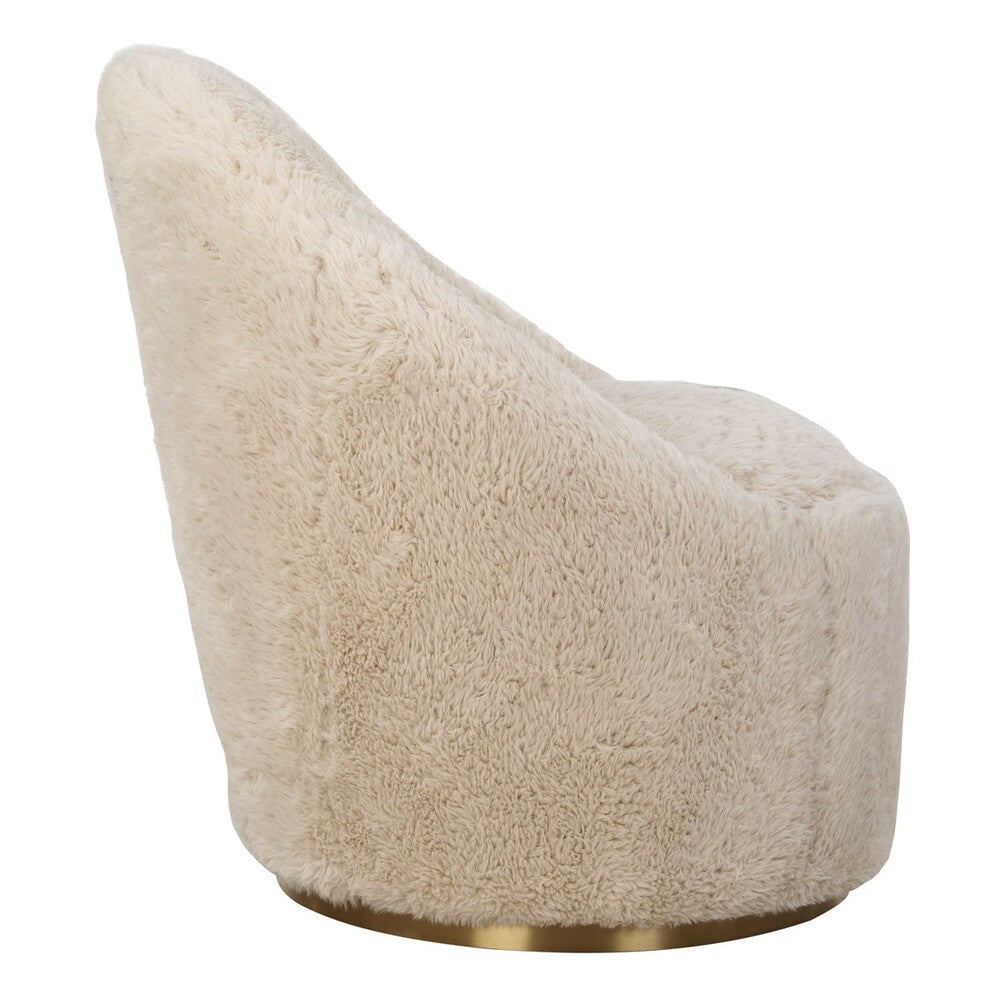 Side view of the Carmela Fluffy Chair, showcasing its soft faux sheepskin and metallic brass accents.