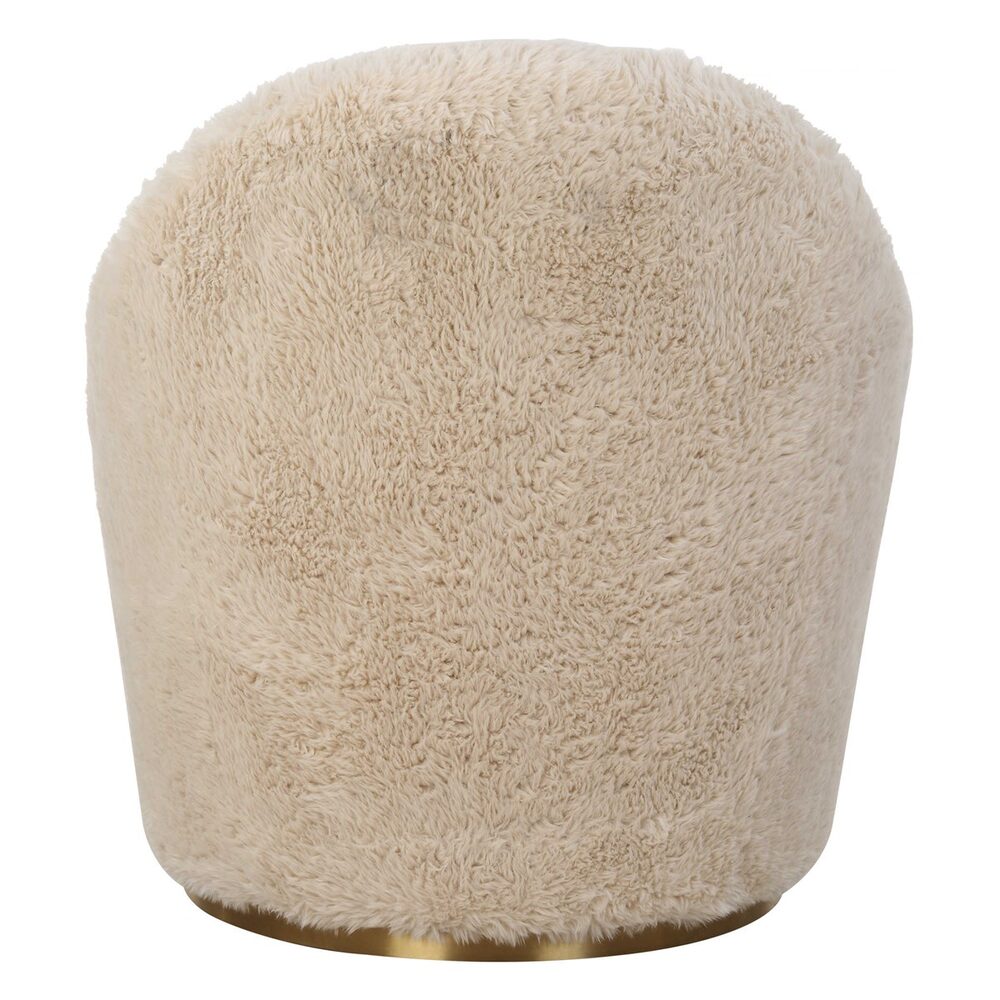 Plush swivel chair with modern faux sheepskin upholstery in a warm caramel tone and elegant brass detailing.