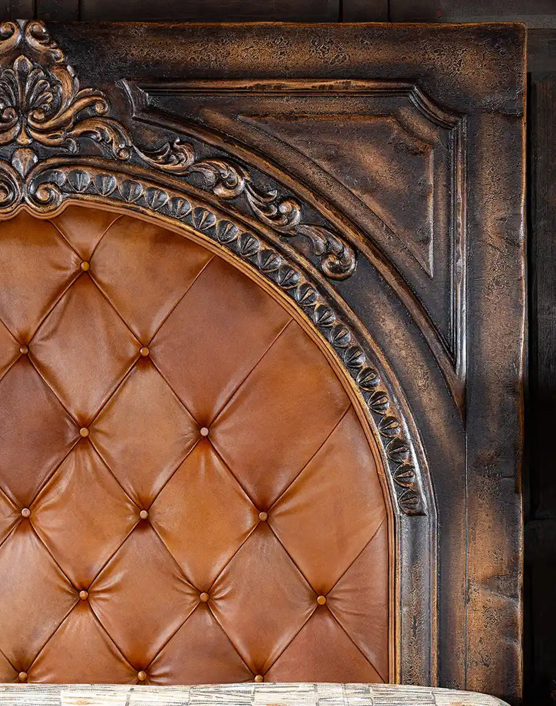 Detailed view highlighting the dark finish of the Carolina Bed, adding to its unique appearance.