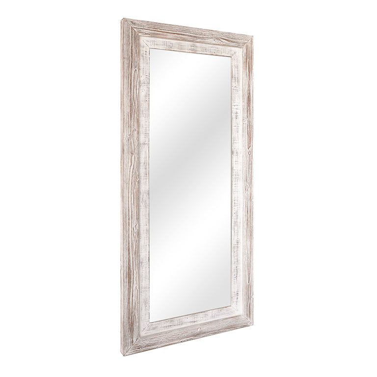 Rectangular mirror with a light wooden frame on a white background