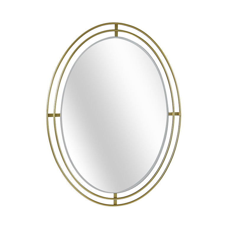 Oval shaped mirror has two gold frames that create an open metal appearance on white background