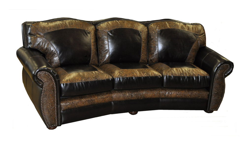 Brown leather three seat conversational sofa with tooled picture framing accents on each seat cushion and back cushion on a white background