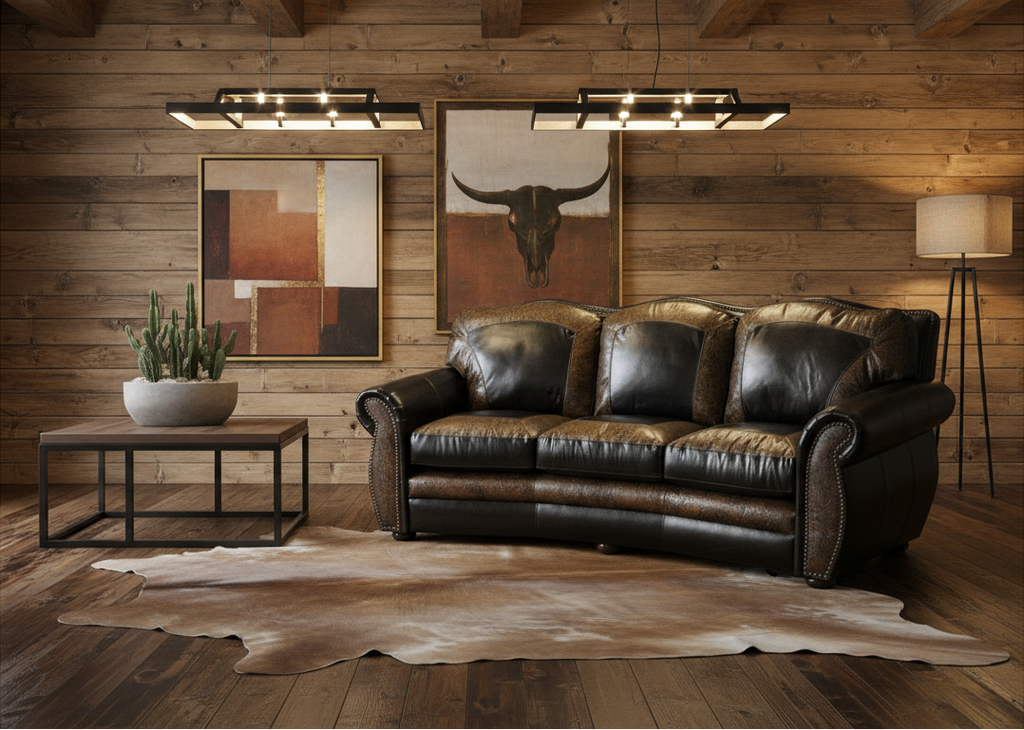 Living room with leather sofa, wooden walls, and decorative elements.