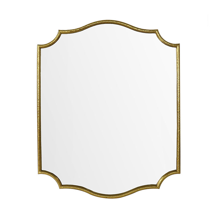 Decorative mirror with scalloped top and scalloped bottom with straight right and left gold frame on a white background