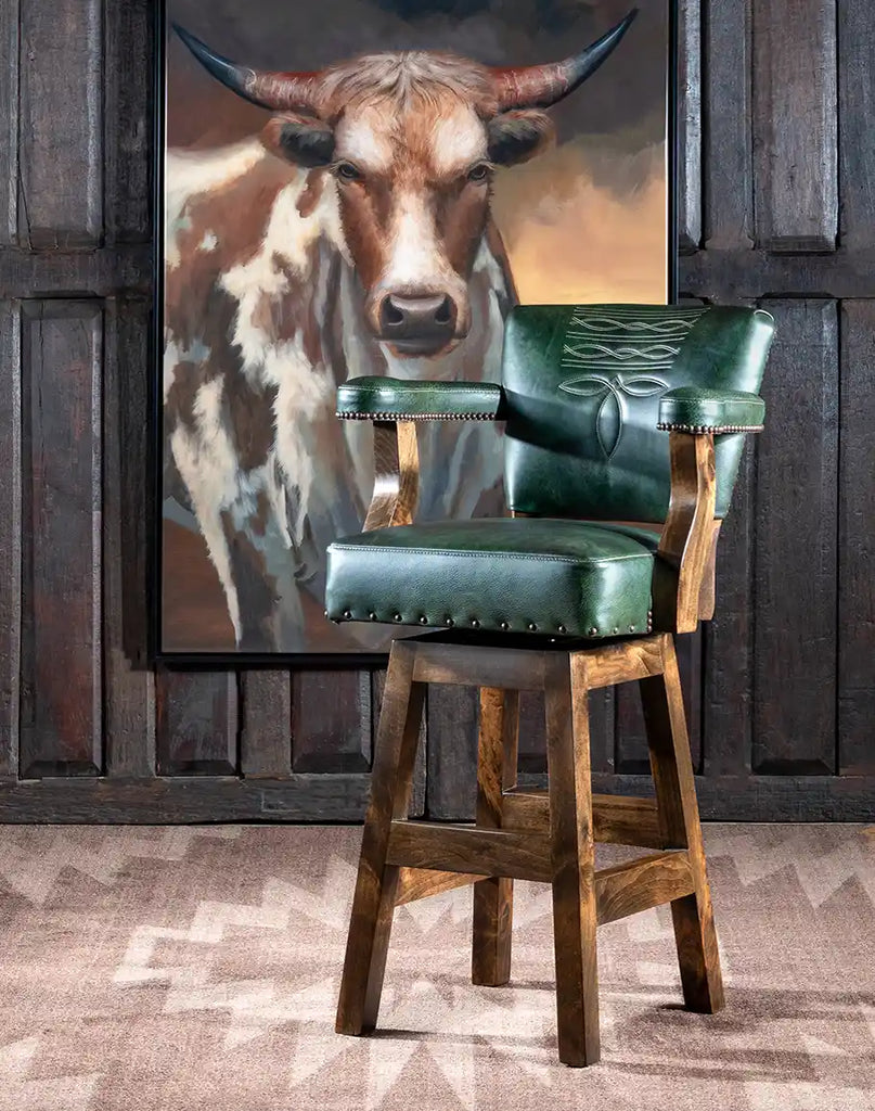 Chisum TX Olive Green Barstool's top-grain leather seat in forest green for a luxurious look and feel.