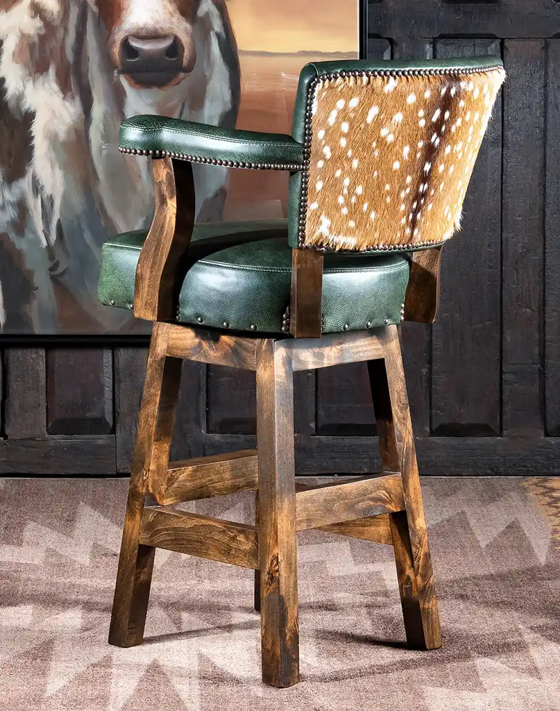 Side profile of the Chisum TX Olive Green Barstool highlighting its elegant lines and durable Alder wood construction.