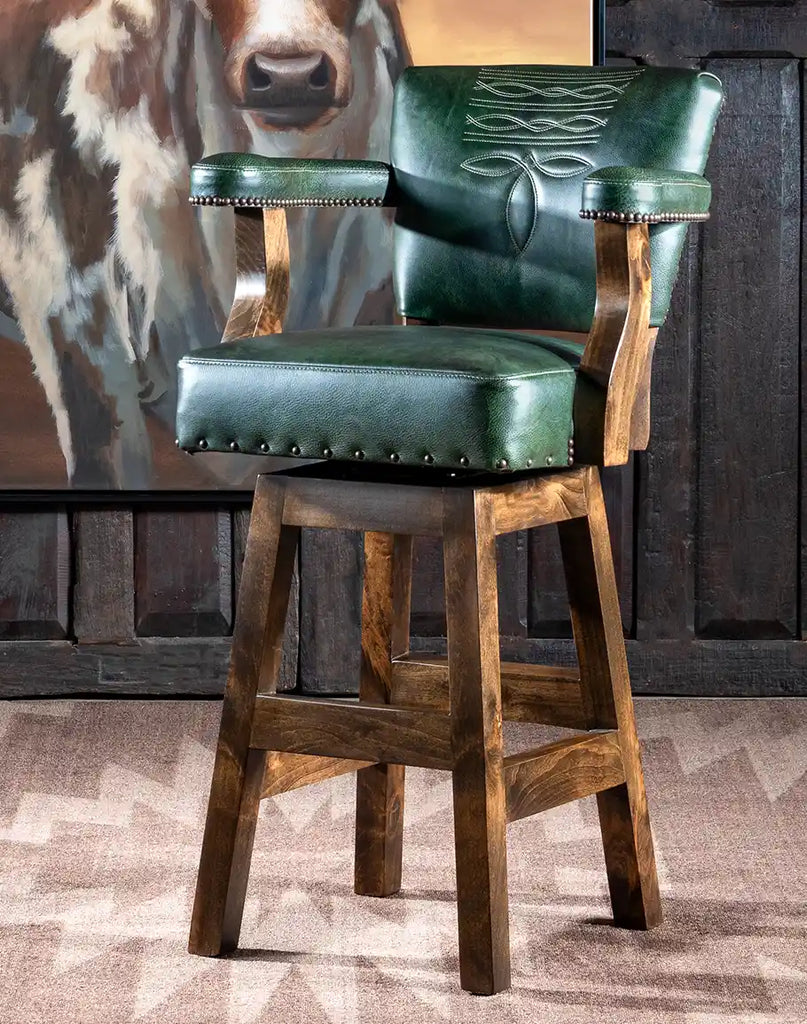 Chisum TX Olive Green Barstool showcasing its forest green leather seat and cowboy boot stitch design.