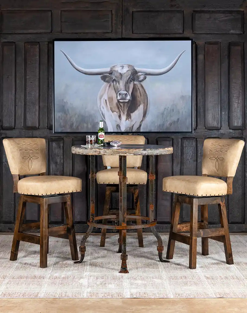 The Chisum TX Paraluman Armless Barstool styled in a rustic kitchen setting, blending functionality with elegance.