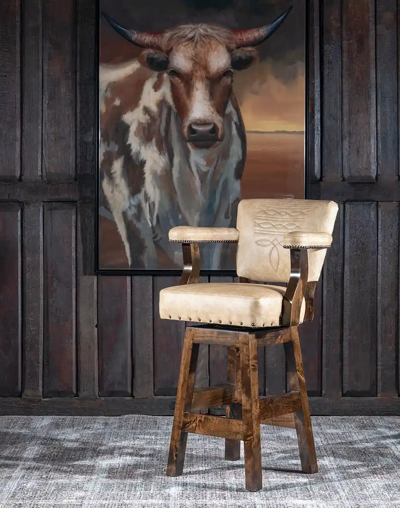 Chisum TX Paraluman Barstool styled in a rustic interior with its classic Western design and luxurious finish.