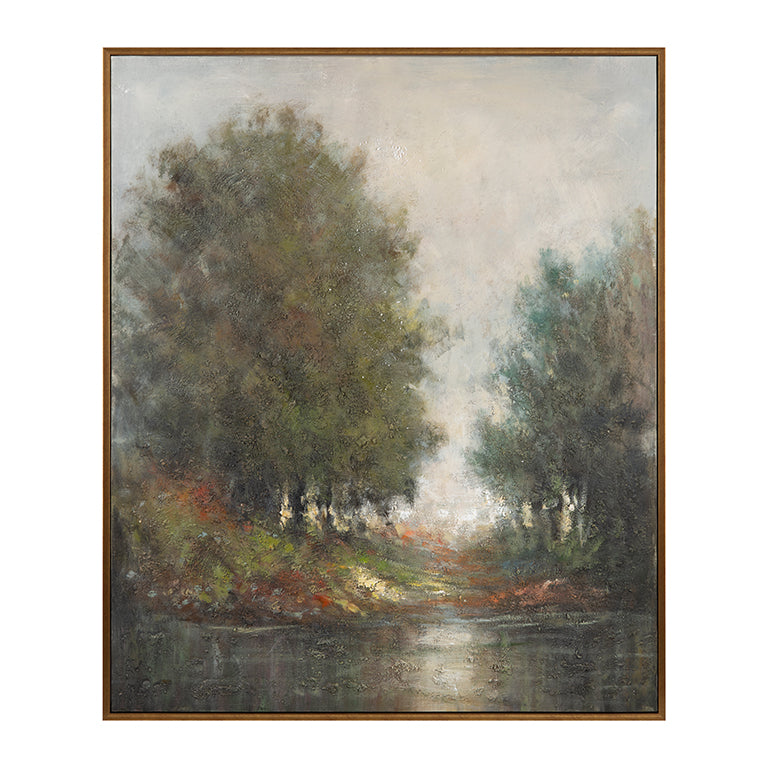 Framed painting of a landscape with trees and water on a white background