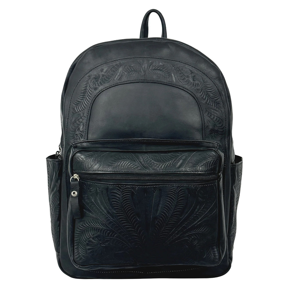 Black leather backpack with embossed design on a white background