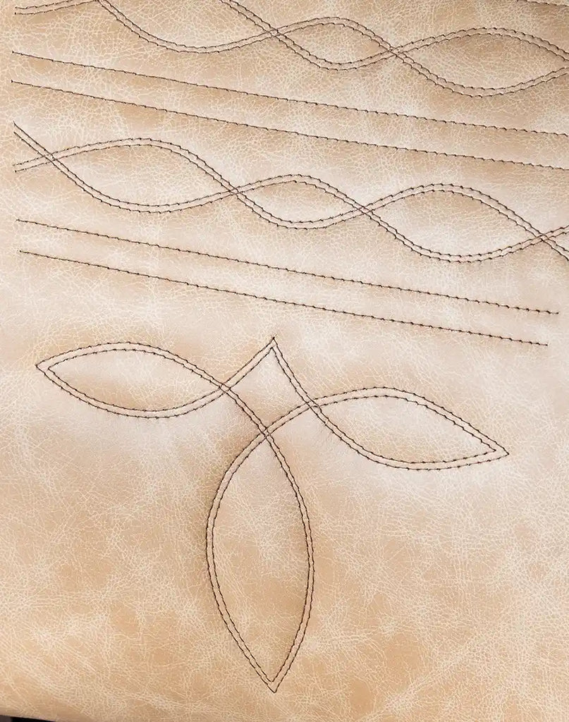 A close-up of the Chisum TX Paraluman Barstool's backrest, highlighting the intricate cowboy boot stitch design.