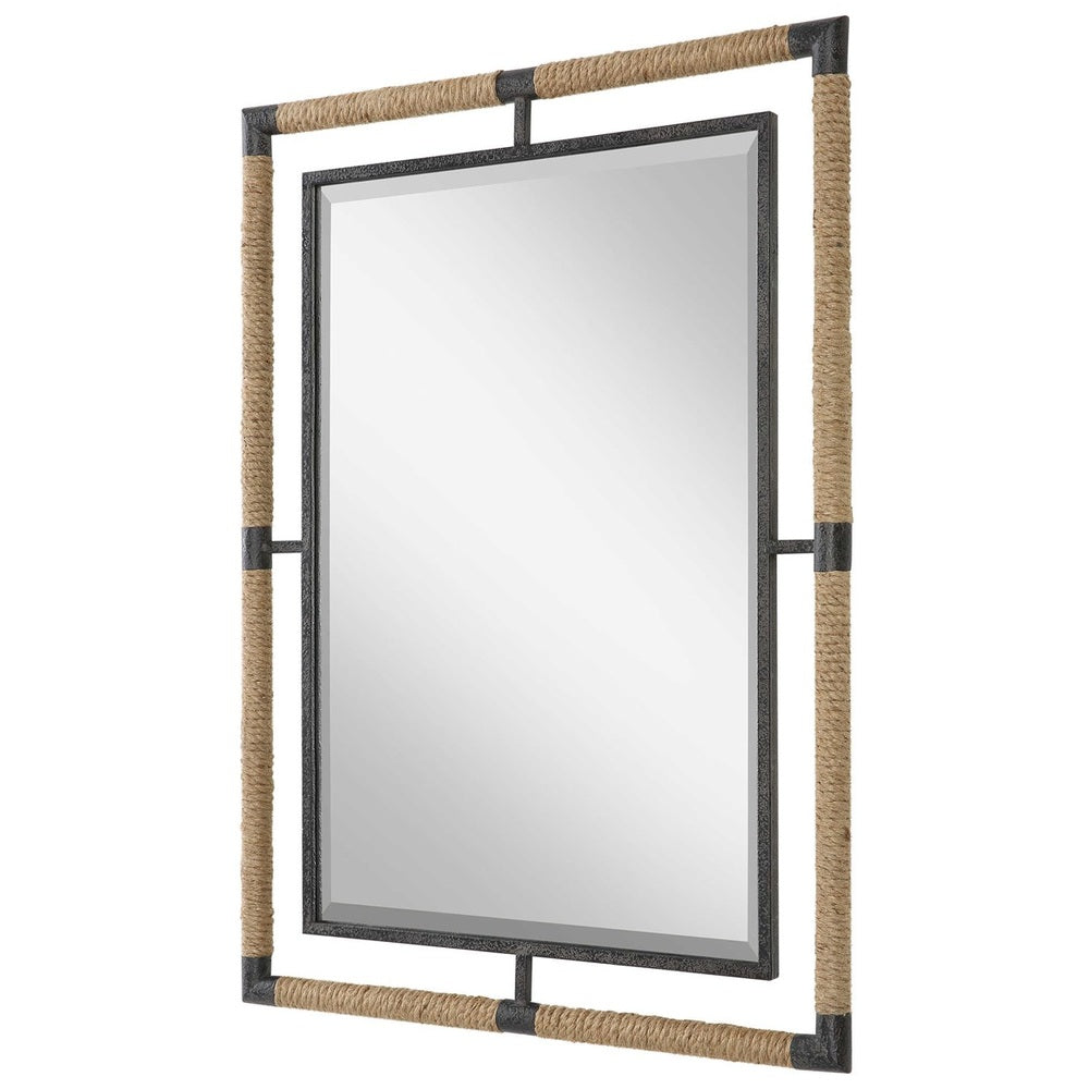 Rustic coastal mirror featuring a beveled edge and rope-wrapped frame