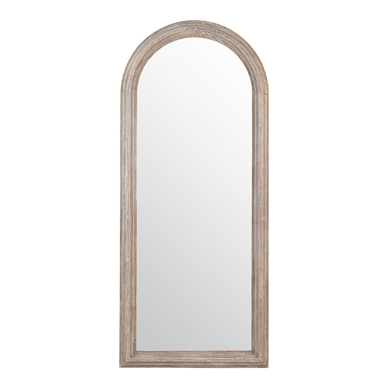 Arched mirror with wooden frame on a white background