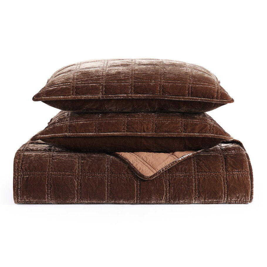 Copper Brown Faux Silk Velvet Quilt Set showcasing matching pillow shams and quilt.