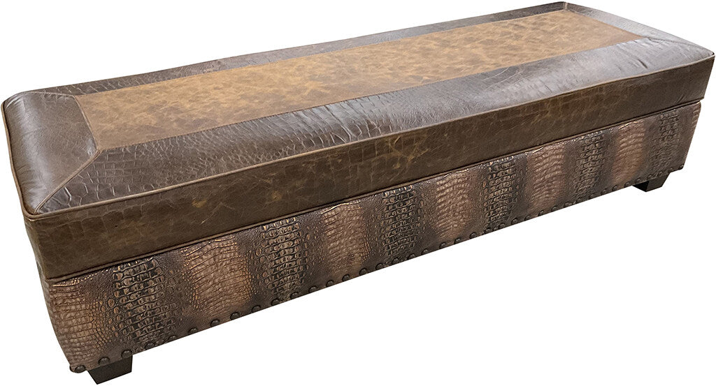 Side profile of the Cora Storage Ottoman showcasing Croc Copper Brown accents around the rail and elegant craftsmanship, perfect for ranch homes and ski lodges.