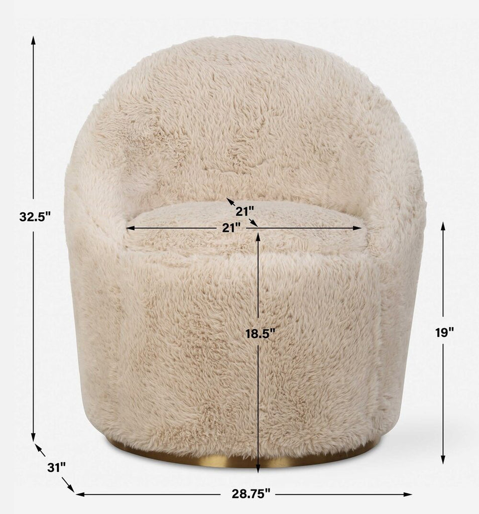 Stylish swivel chair with cozy caramel faux sheepskin upholstery and a durable plated brass stainless steel base.